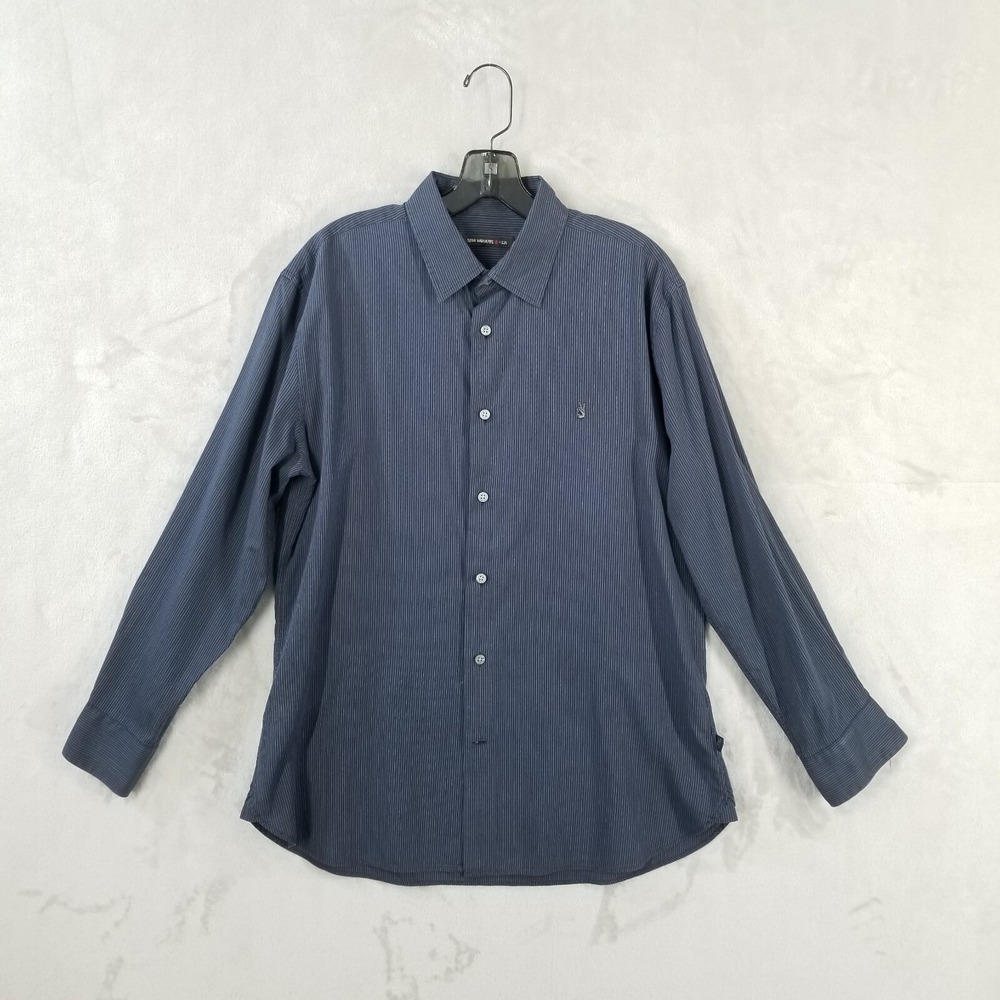 John Varvatos USA Shirt Men L Blue Stripe Embroidered‎ 100% Cotton Long Sleeve